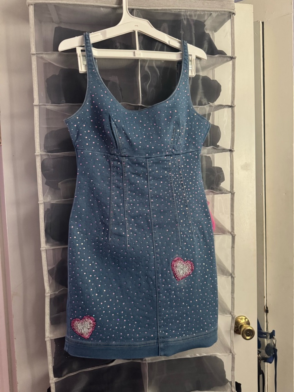 Rhinestone Heart-Embellished Denim Mini Dress